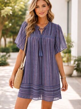 Lucky Brand Shift Dress Women’s XL Swing Stripe Tassel Flowy Boho  K